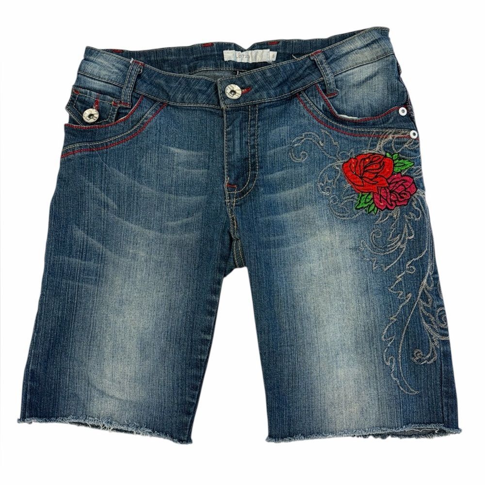 Lot29 Grunge Goth Y2K Low-rise Rose Embroidered Denim Bermuda Shorts Junior's 5